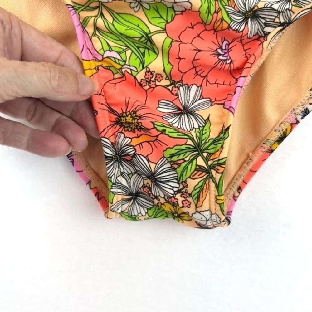 Cat & Jack Girls Floral One Piece Swimsuit Side Cut Out Orange Pink XL 14